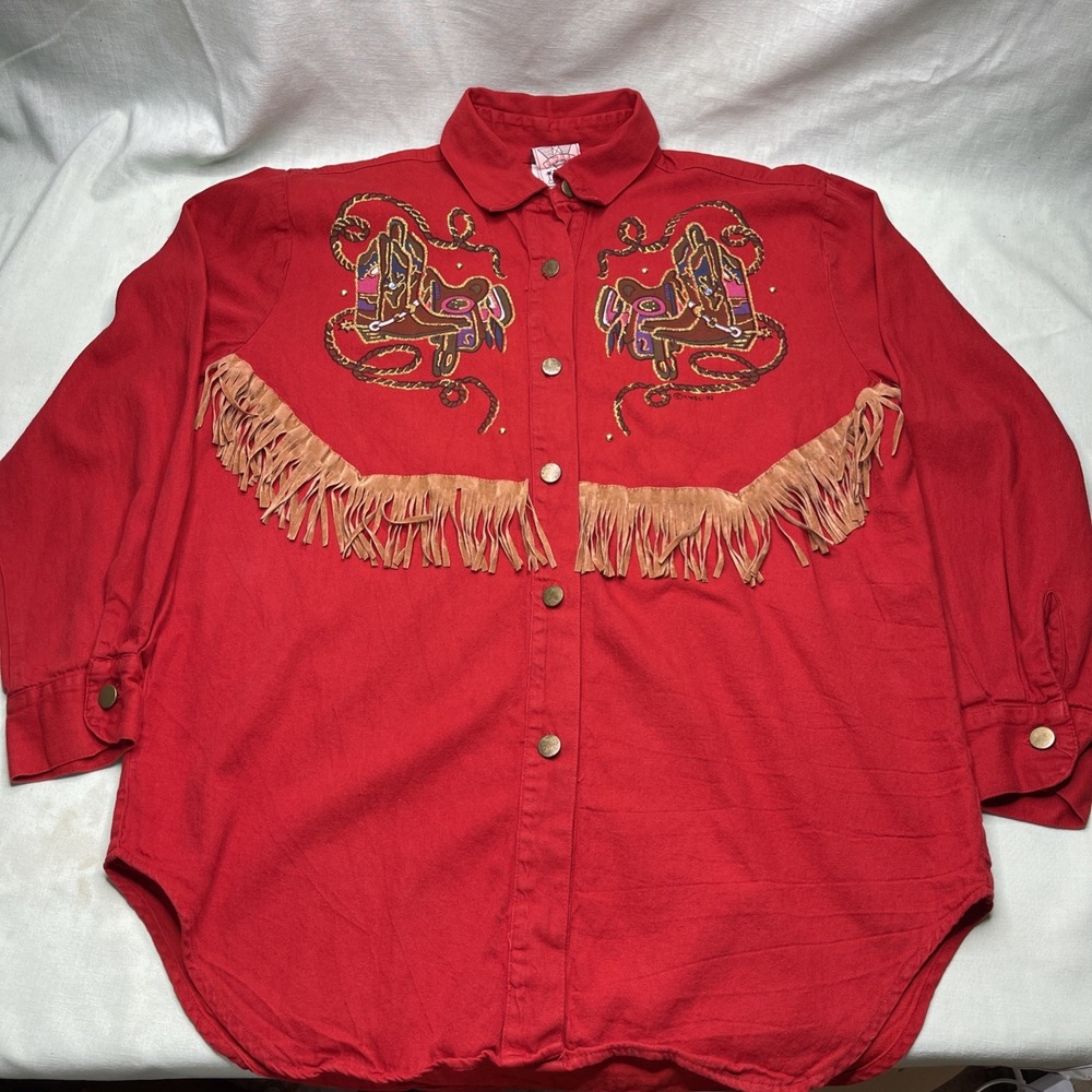 KWBL Los Angeles Western Fringe Shirt Large Cowboy Rodeo Graphic 1992